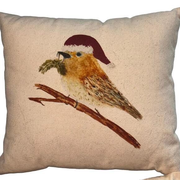 Two Holiday Bird Pillows Christmas Festive 10x10 Christmas - Picture 3 of 4